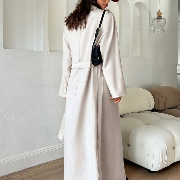 Apricot Elegant Women's Long Overcoat With Double-Breasted Buttons - Picture 2 of 7
